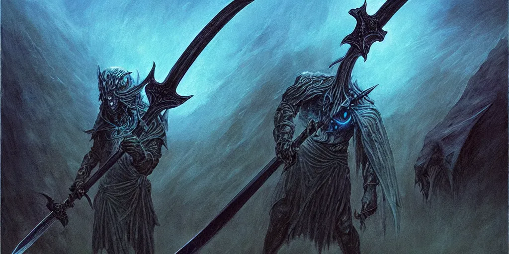 Prompt: Demonic sword in full length with blue glowing runes and eyes on the blade. In the dark, glowing ominously. In style of Beksinski, concept art, highly detailed.