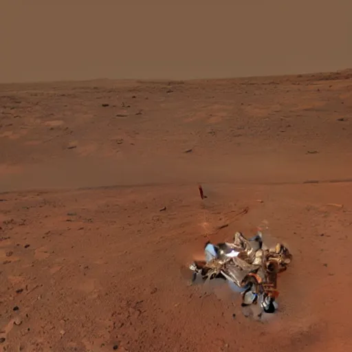 Image similar to A photo of Curiosity failing its landing on Mars, due to a sandstorm, at sunset