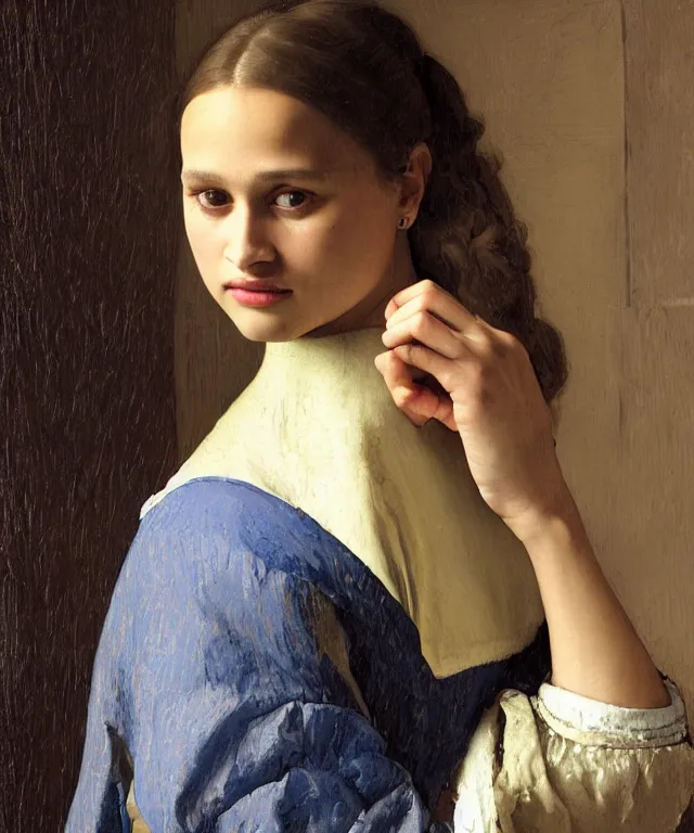Image similar to a highly detailed, beautifully lit close portrait of a pretty, young alicia vikander resting her head on a table by an open window, oil painting portrait by vermeer and bouguereau and waterhouse