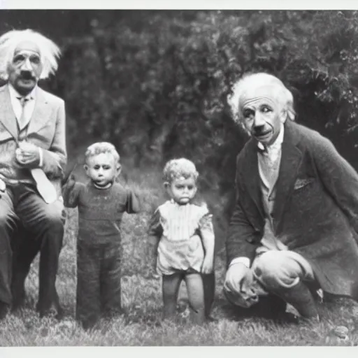 Prompt: albert einstein in a family photo with lil pumo 4k