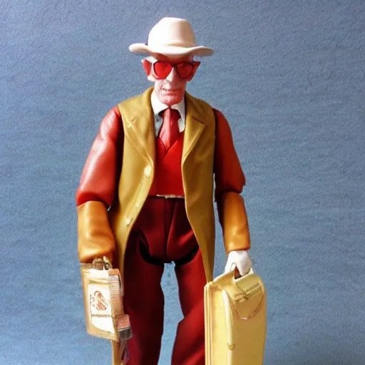 Prompt: an articulated 1980s style action figure of William S Burroughs dressed as an old timey doctor