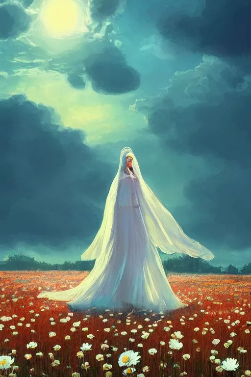 Image similar to giant white daisy flowers over face veil, girl walking in a flower field, surreal photography, sunrise, dramatic light, impressionist painting, colorful clouds, digital painting, artstation, simon stalenhag