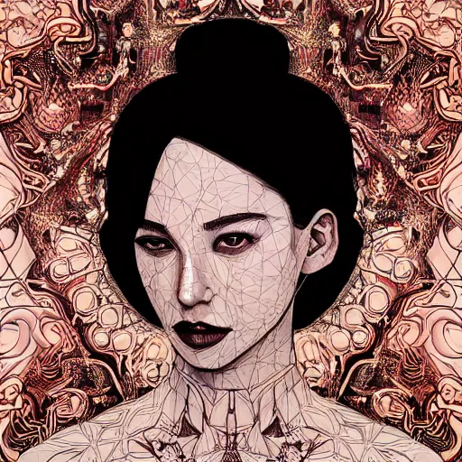 Image similar to the portrait of an incredibly beautiful, graceful, elegant, and sophisticated young woman made of garlic bulbs, an ultrafine detailed illustration by james jean, intricate linework, bright colors, final fantasy, behance contest winner, vanitas, angular, altermodern, unreal engine 5 highly rendered, global illumination, radiant light, detailed and intricate environment