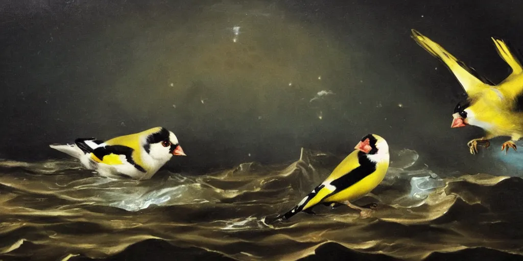 Prompt: painting of a goldfinch drowning in a river of nightmares, in the background you can see the universe. by theodore gericault, realistic oil painting, 4 k, studio lightning, award winning, very detailed shadows