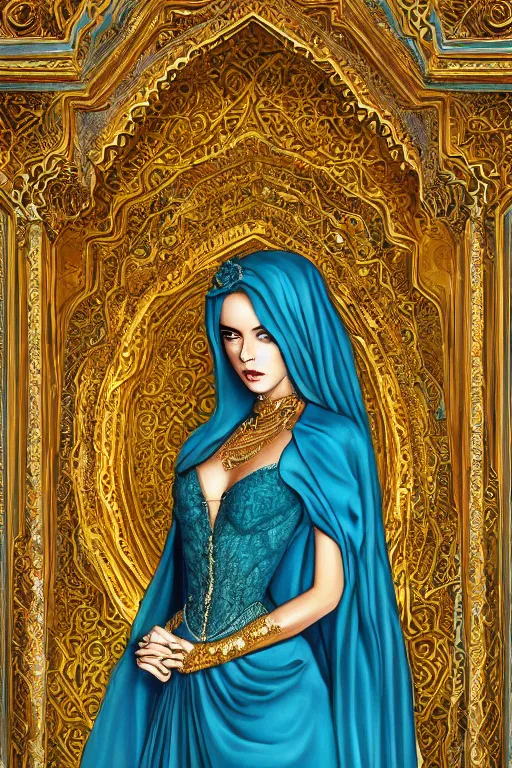 Image similar to detailed painting of a beautiful princess wearing a blue dress with veil inside the interior of an ornate Middle eastern palace by Stanely Artgerm, green eyes, gold jewellery, black hair, majestic, beauty, dramatic light, turquoise color scheme, Trending on Artstation