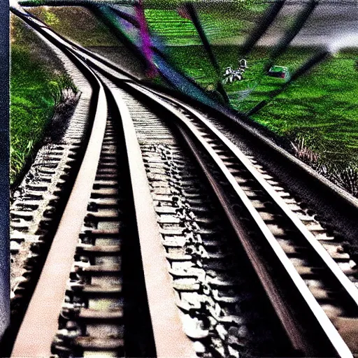 Image similar to “a train laying tracks as it travels, surreal, photrealism, 3D”