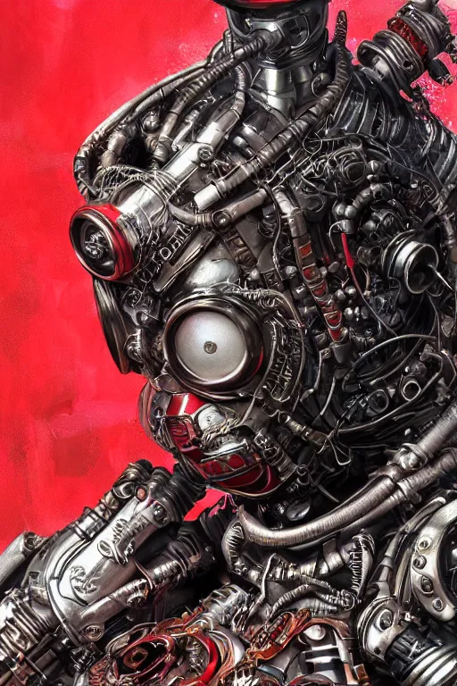 Prompt: Poster portrait of a cyberpunk steampunk dieselpunk sci-fi cyborg ninja, third person, D&D, sci-fi fantasy, pistons and bolts, intricate, black and red, highly detailed, art by Range Murata, highly detailed, 3d, octane render, bright colors, digital painting, trending on artstation, sharp focus, illustration style of Stanley Artgerm, hyper detailed background in a cinematic style