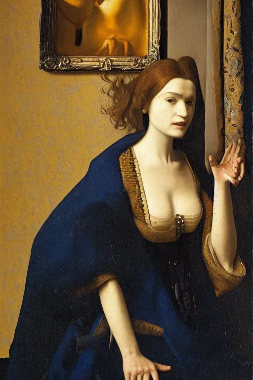 Prompt: portrait en buste of rachel weisz by johannes vermeer, baroque, delft, intricate, highly detailed, royal gallery, oil painting