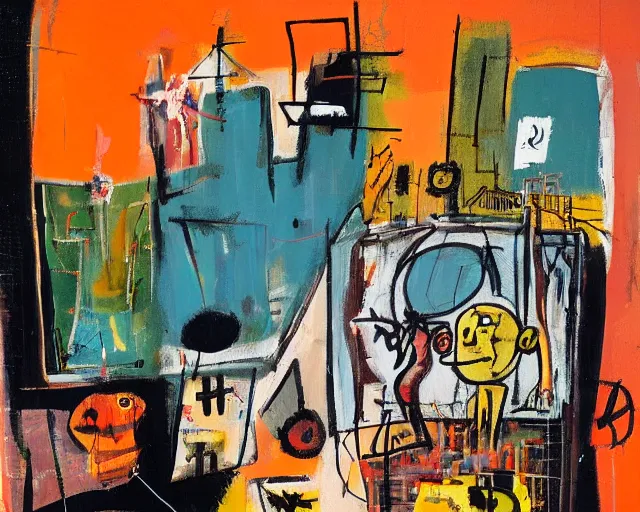 Image similar to painting of a an orange cat with the city behind it by graham sutherland, basquiat, neo - expressionism, muted colors!!!