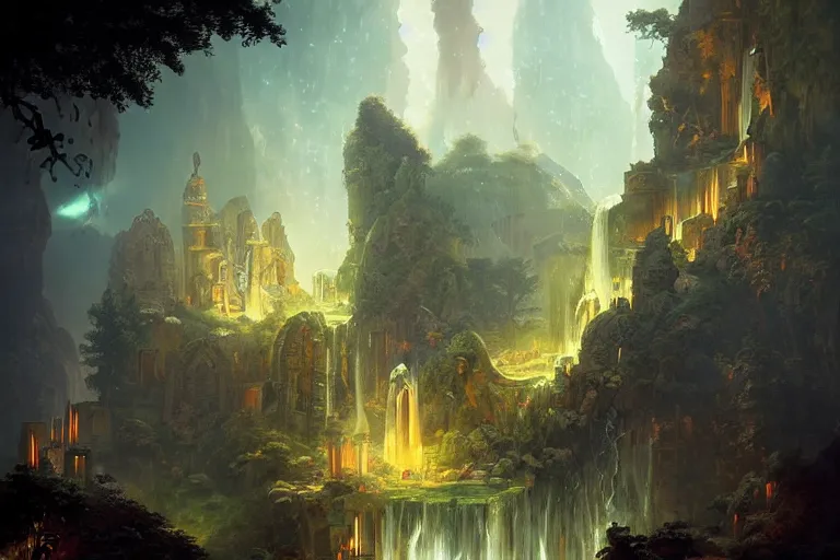 Image similar to Detailed Exterior of Temple Ruins, Cascading Waterfalls, light of god, light shafts, candles, stunning atmosphere, in Style of Peter Mohrbacher, cinematic lighting