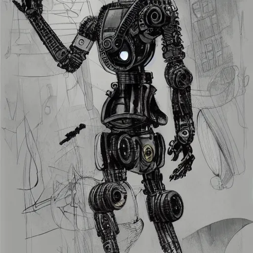 Image similar to ccyborg man, thin, short hair, small scar on the chin, a robotic arm and big shoes, sophisticated clothing with some steampunk elements, gesture dynamic, organic, appealing, book cover, deep shadows, by Dave McKean sketch lineart for character design