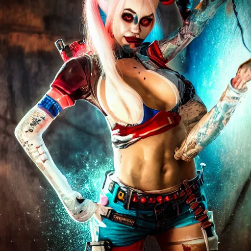 Image similar to full body pose, hyperrealistic mixed media painting of a harley quinn, dim volumetric lighting, 8 k, octane beautifully detailed render, extremely hyper detailed, intricate, epic composition, cinematic lighting, masterpiece, trending on artstation, very very detailed, masterpiece, stunning, hdr, smooth, sharp focus, high resolution, award, winning photo, dslr, 5 0 mm