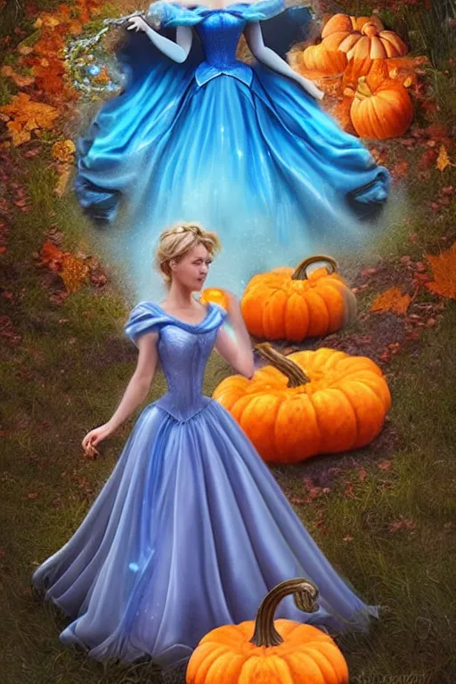 Prompt: beautiful mystical digital painting a beautiful cinderella standing in front of a pumpkin carriage with horses by artgerm and arthur hughes