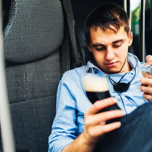 Image similar to a bored tired young university student is riding a very crowded public bus, he's holding a bottle of fizzy dark beer and is looking at his smartphone. student is wearing a black shirt, has slick dark brown hair and a round face with mild acne. professional stock photo, bokeh, 4 k