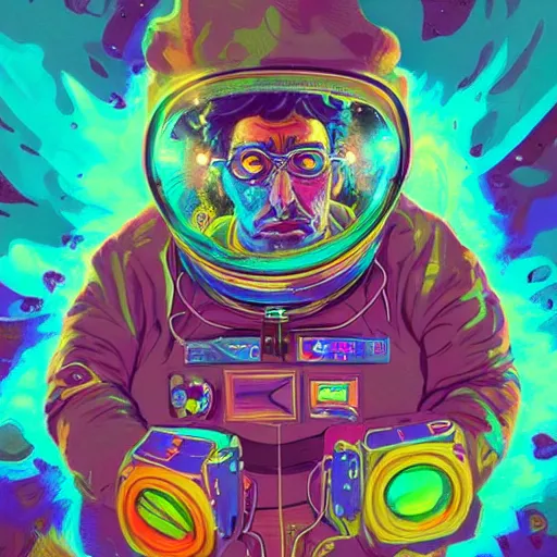 Prompt: Rick Sanchez an extremely psychedelic experience, colorful, surreal, dramatic lighting, cosmonaut, LSD, face, detailed, intricate, elegant, highly detailed, digital painting, artstation, concept art, smooth, sharp focus, illustration, art by Sam Spratt, Dan Mumford, Artem Demura and Alphonse Mucha