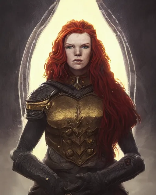 Image similar to the elder scrolls vi, charismatic hooded rugged female redhead breton battlemage portrait, illustration, rim light, top light, perfectly shaded, golden hour, epic, intricate, soft painting, by leesha hannigan, ross tran, thierry doizon, kai carpenter, ignacio fernandez rios