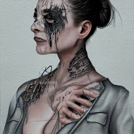 Image similar to Hot young woman, grey skin, void eyeballs, tattoos, wearing a leather jacket, hugging a shrouded man as they cry on her chest, comforting, touching, wholesome, digital art, concept art, trending on artstation, watercolour, big sister, little brother, realistic, 4k, 8k