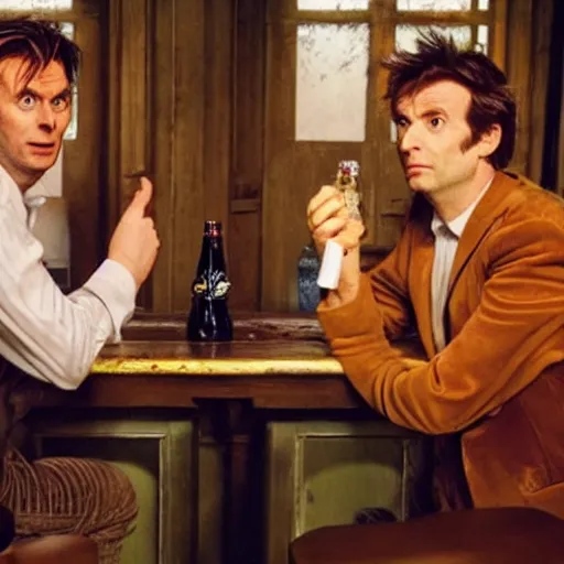 Prompt: The tenth Doctor Who and a Weeping Angel, sitting at a bar of a fancy Russian team room drinking old-fashion bottles of Coca-Cola, ultra high quality, trending, cinematic