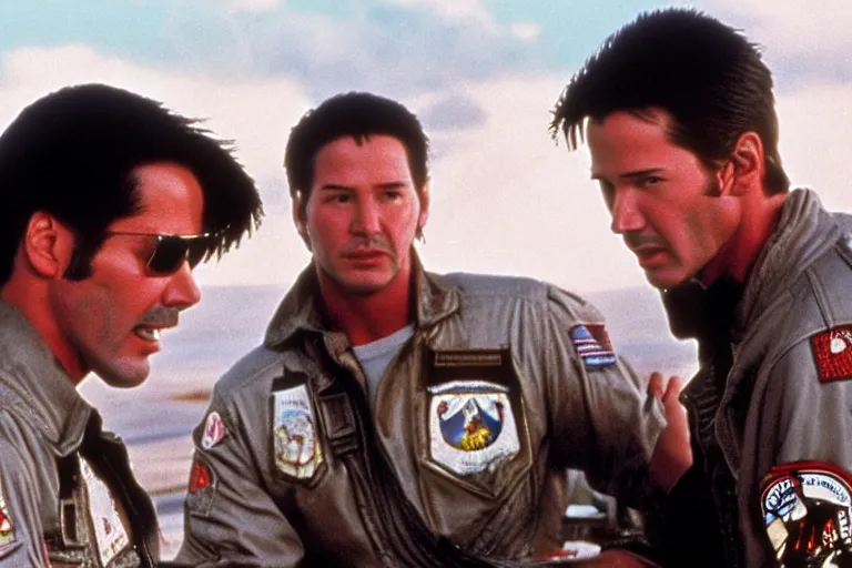 Prompt: film still of Keanu Reeves as Maverick in Top Gun 1986