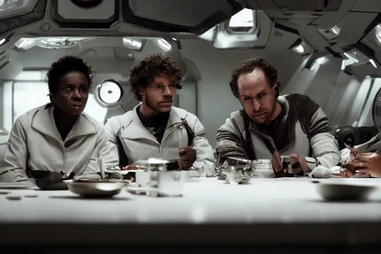 Image similar to movie closeup diverse interracial small team of European sci-fi futuristic space explorers talking at the table in a spaceship kitchen, beautiful skin, Symmetrical faces. Beautiful lighting by Emmanuel Lubezki