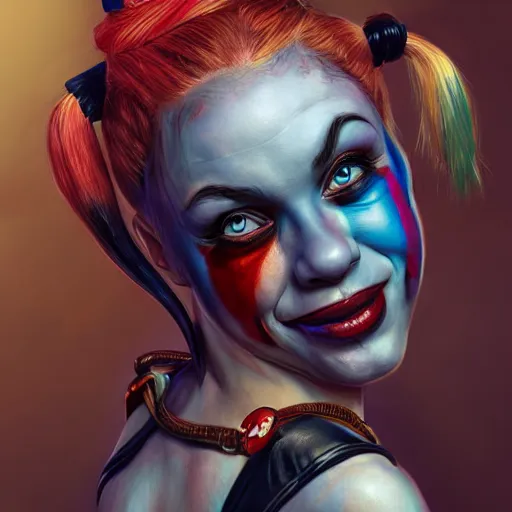 Image similar to Portrait of Harley Quinn but she's a beautiful ape kid with long pony tails on either side of her head, mayhem, illustration, by James Jean, artgerm, octane render, by John Coltrane and Marc Simonetti, Manic, inspired by Greg rutkowski, colorful, high detail of the face, full body