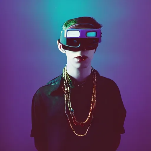 Prompt: kodak ektachrome e 1 0 0 photograph of a nerdy goth guy wearing goggles and eclectic jewelry, moody lighting, telephoto, 9 0 s vibe, blurred background, vaporwave colors, faded!,