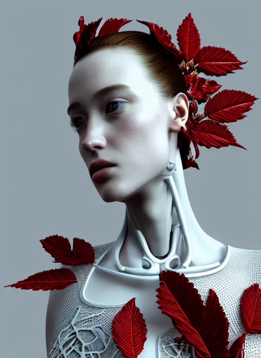 Image similar to complex 3d render ultra detailed of a beautiful porcelain profile young woman face, mechanical cyborg, 200 mm lens cinematic lights, beautiful studio soft light, rim light, silver gold red details, magnolia big leaves and stems, roots, fine foliage lace, mesh wire, Alexander Mcqueen high fashion haute couture, luxurious, art nouveau fashion embroidered, intricate details, hyper realistic, ultra detailed, mandelbrot fractal, anatomical, facial muscles, cable wires, microchip, elegant, octane render, H.R. Giger style, 8k post-production