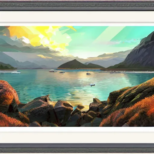 Prompt: super detailed color lowpoly art, northern sunset with rocks on front, monochrome photorealistic bay in the middle of perspective and mountains at background, big graphic seiner ship, unreal engine, high contrast color palette, 3 d render, lowpoly, colorful, digital art, perspective, full volume composition, robb cobb, syd mead