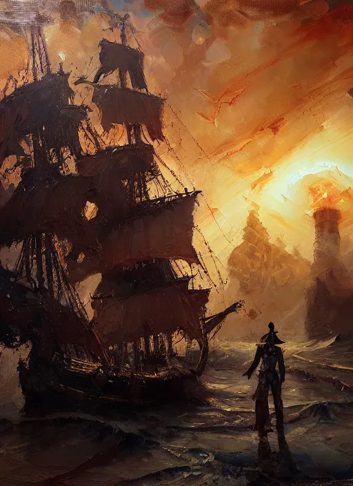 Prompt: oil painting with heavy impasto of a pirate ship and its captain, cosmic horror painting, elegant intricate artstation concept art by craig mullins detailed