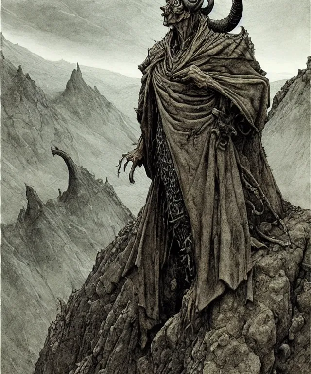 Image similar to A detailed horned crocodileman stands among the hills. Wearing a ripped mantle, robe. Perfect faces, extremely high details, realistic, fantasy art, solo, masterpiece, art by Zdzisław Beksiński, Arthur Rackham, Dariusz Zawadzki