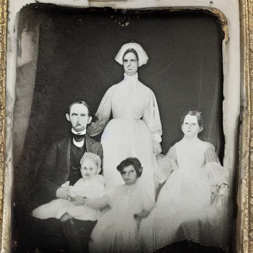 Prompt: photograph of a ghost in a 1 8 0 0 s family portrait, historical photograph