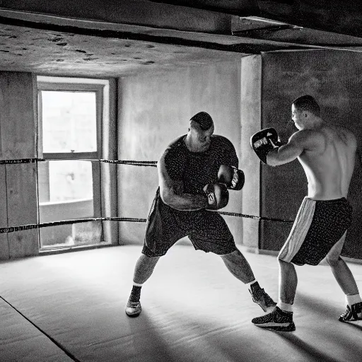 Prompt: peter griffin boxing, brad pitt boxing, in a basement with concrete floor, light ray from a blurry window, floating dust, motion blur, gloomy, stippled walls, cinematic shot, in john salt style, realistic, 4 k, perfectly defined features