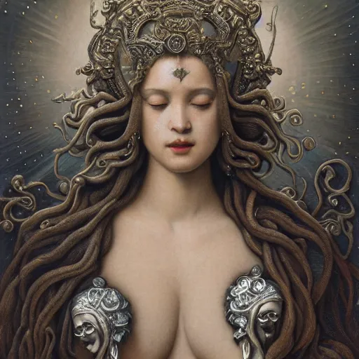 Prompt: baroque neoclassicist closeup renaissance portrait of beautiful moon goddess with stars in her flowing hair, reflective detailed textures, glittering silver ornaments, dark fantasy science fiction painting by diego rivera and jean delville and ruan jia and nicholas roerich and annie swynnerton, dramatic lighting, gleaming silver, rich colors, elihu vedder, artstation, octane render