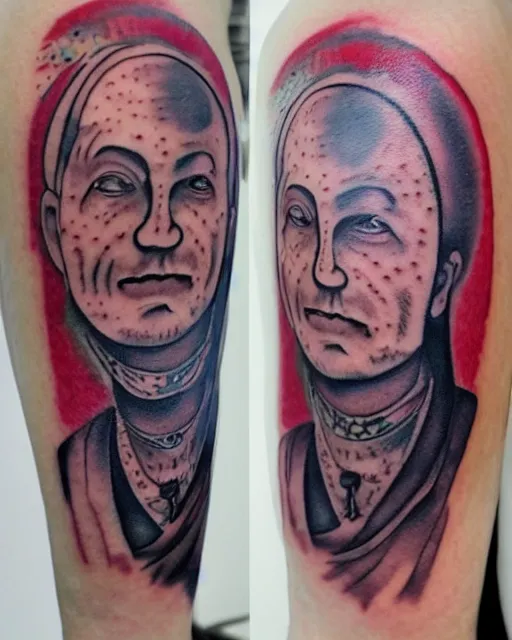 Image similar to renaissance head with planets tattoo design, hyper - realistic, in the style of tony santos