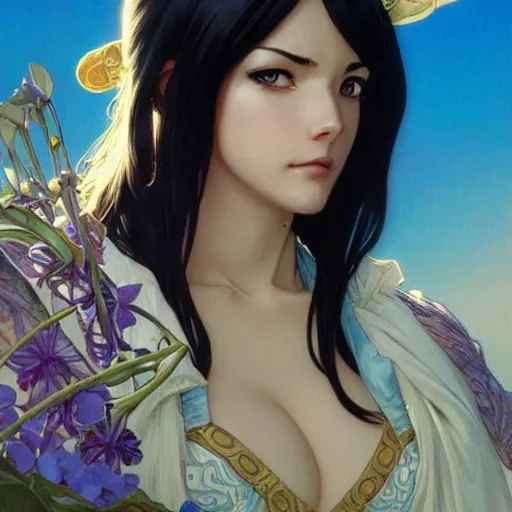 Image similar to highly detailed vfx portrait of nico robin by eiichiro oda!, alphonse mucha, sharp focus, art by artgerm and greg rutkowski!, harsh overhead sunlight, blue eyes!!, large aquiline nose!!, stanley kybric, kaoru mori, intricately detailed, best of behance,