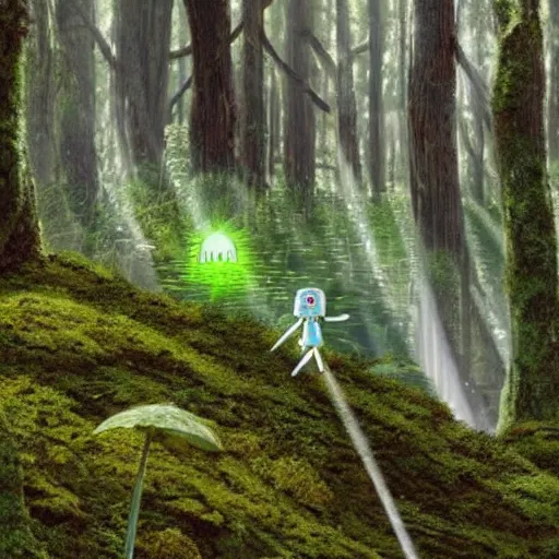 Prompt: a robot covered in moss lying in a forest, shafts of light god rays, hayao miyazaki studio ghibli