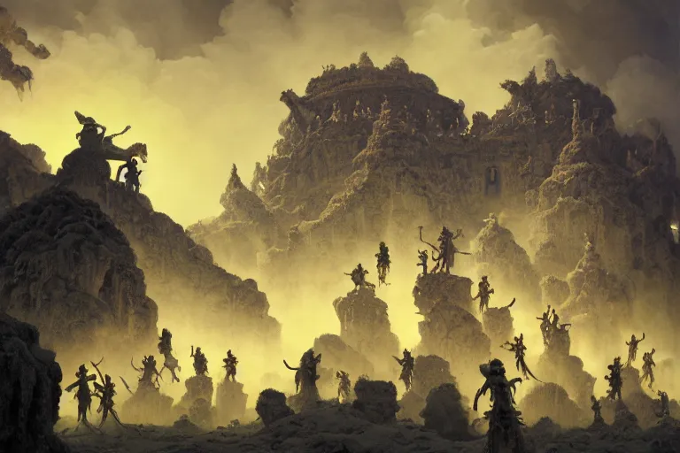 Image similar to a horde of skeletons attacking a tibetian temple, concept art, beautiful, by maxfield parrish, by gustave dore, by peter mohrbacher, by belsinski, sharp focus, vivid color, octane render, cgi, rule of thirds