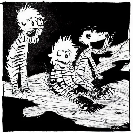 Image similar to calvin and hobbes in the style of stephen gammell