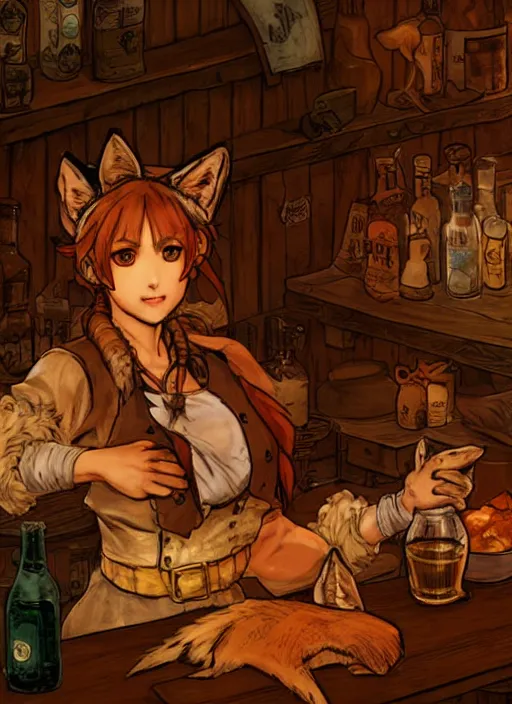 Image similar to barmaid with a coyote head in a cozy tavern, hidari, color page, tankoban, 4K, tone mapping, Akihiko Yoshida.