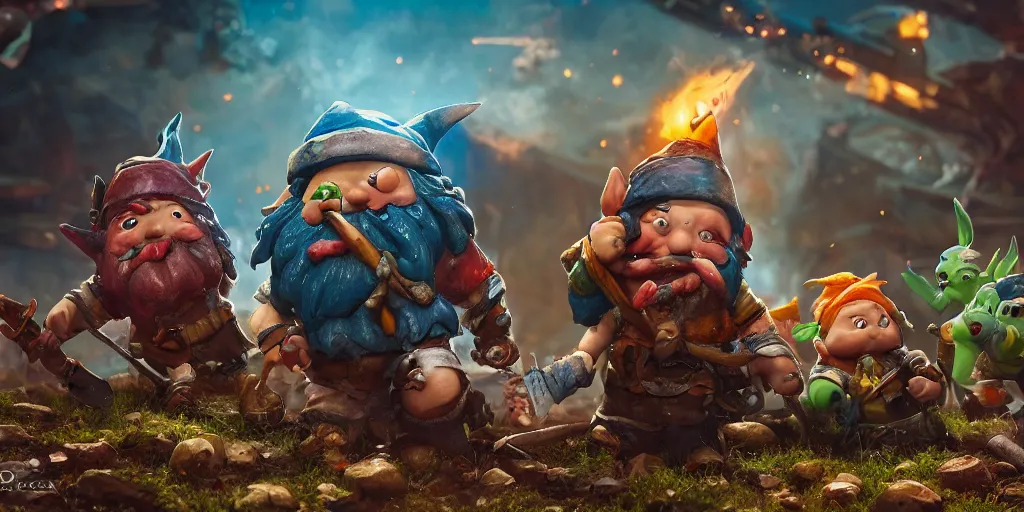 Prompt: An Epic gnome war, realistic 4k octane beautifully detailed render, 4k post-processing, highly detailed, intricate complexity, epic composition, magical atmosphere, cinematic lighting, masterpiece, ultra hd