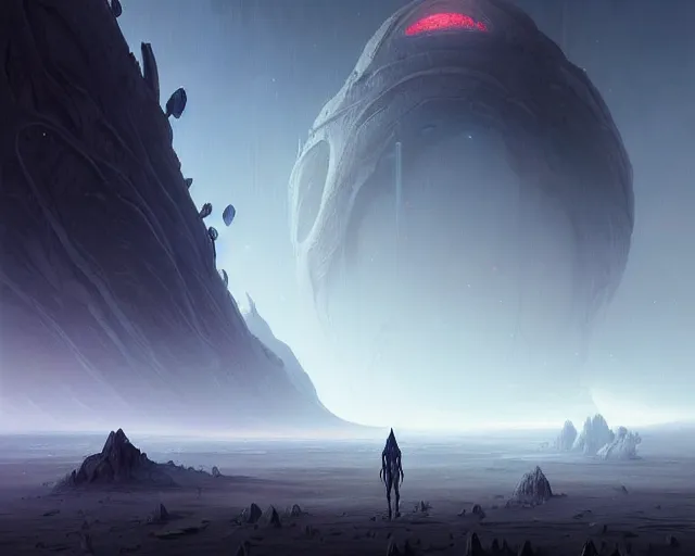 Image similar to professional ominous concept art of an alien planet landsacpe by artgerm and greg rutkowski ( thin white border ). an intricate, elegant, highly detailed digital painting, concept art, smooth, sharp focus, illustration, in the style of cam sykes, wayne barlowe, igor kieryluk.