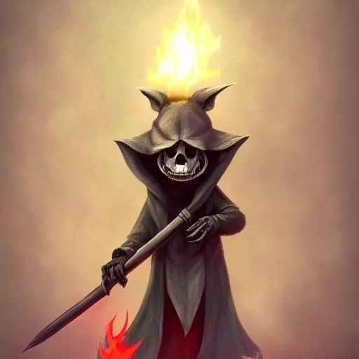 Image similar to photo of an anthropomorphic rat, ghostly anthropomorphic rat with skull face and glowing red eyes wearing black tattered robes and holding two blue flames, grim reaper except a rat, photorealistic, artstation