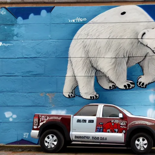 Prompt: a graffiti on a wall showing a polar bear driving a truck on ice