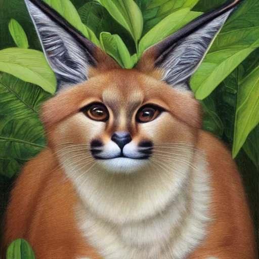 Image similar to fullbody portrait of cute fluffy caracal, wearing laurel wreath on his head, illustration, high detail, francine van hove