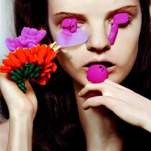 Prompt: a studio close - up portrait of a a fashion model smelling a plastic toy flower. surreal photograph, lo - fi, polished look, silly and serious, hermes ad, fashion photography, toiletpaper magazine by pierpaolo ferrari and maurizio cattelan, 3 5 mm photograph, colourful, by pierpaolo ferrari, maurizio cattelan, david lachapelle