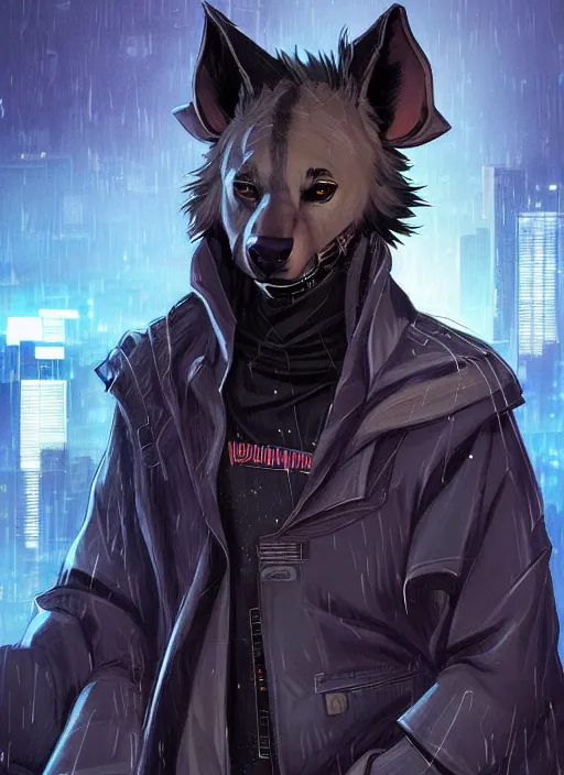 Prompt: beautiful portrait commission of a male furry anthro hyena fursona wearing cyberpunk jedi robes in a cyberpunk city at night in the rain. character design by charlie bowater, ross tran, artgerm, and makoto shinkai, detailed, inked, western comic book art