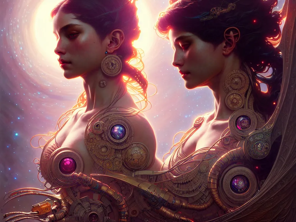 Image similar to ultra realistic, cosmic goddess, sci-fi, intricate details, eerie, highly detailed, octane render, 8k, art by artgerm and greg rutkowski and alphonse mucha