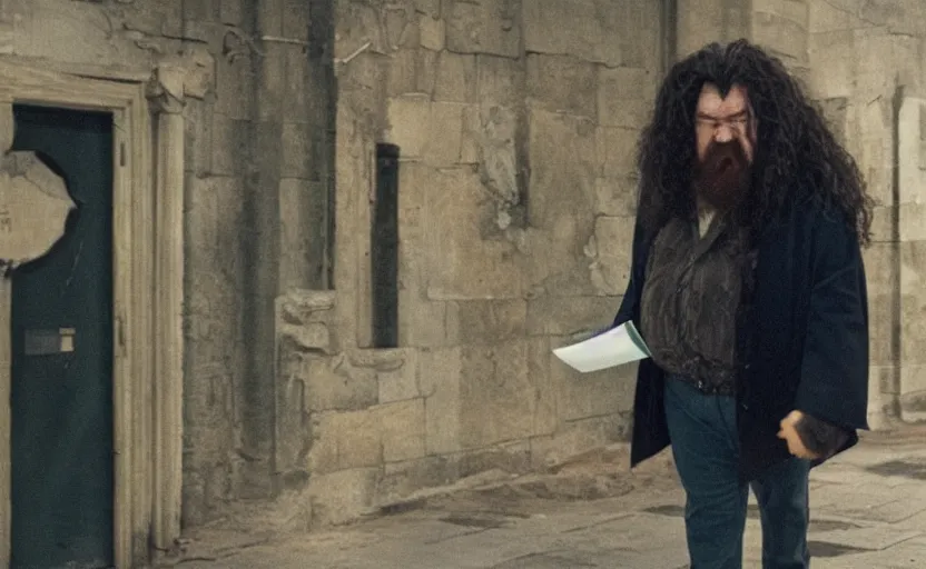 Prompt: Hagrid escaping the building after renting some adult movies, photographic