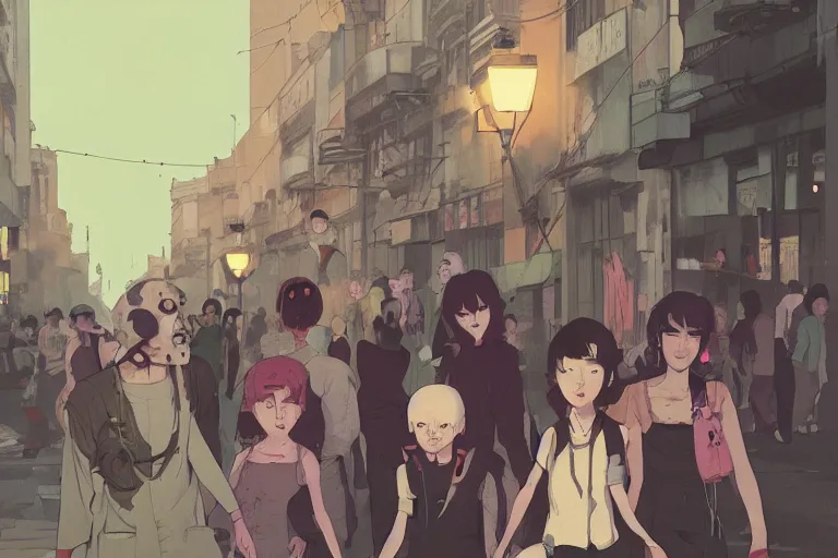 Image similar to a group of zombies hanging out in the streets of Buenos aires at night, muted colors, matte print, pastel colors, ornate, digital art, cute smile, digital painting, fan art, elegant, pixiv, by Ilya Kuvshinov, by Studio Ghibli