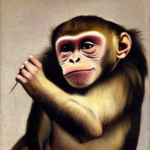 Image similar to a monkey lost deep in thought, portrait, by caravaggio